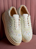Women’s Wedding Sneakers | Cream Bridal Shoes with Pearls & Lace | Comfortable Flat Sneakers for Brides