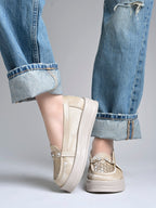 Beige Glitter Platform Loafers with Floral Embellishment For Women & Girls