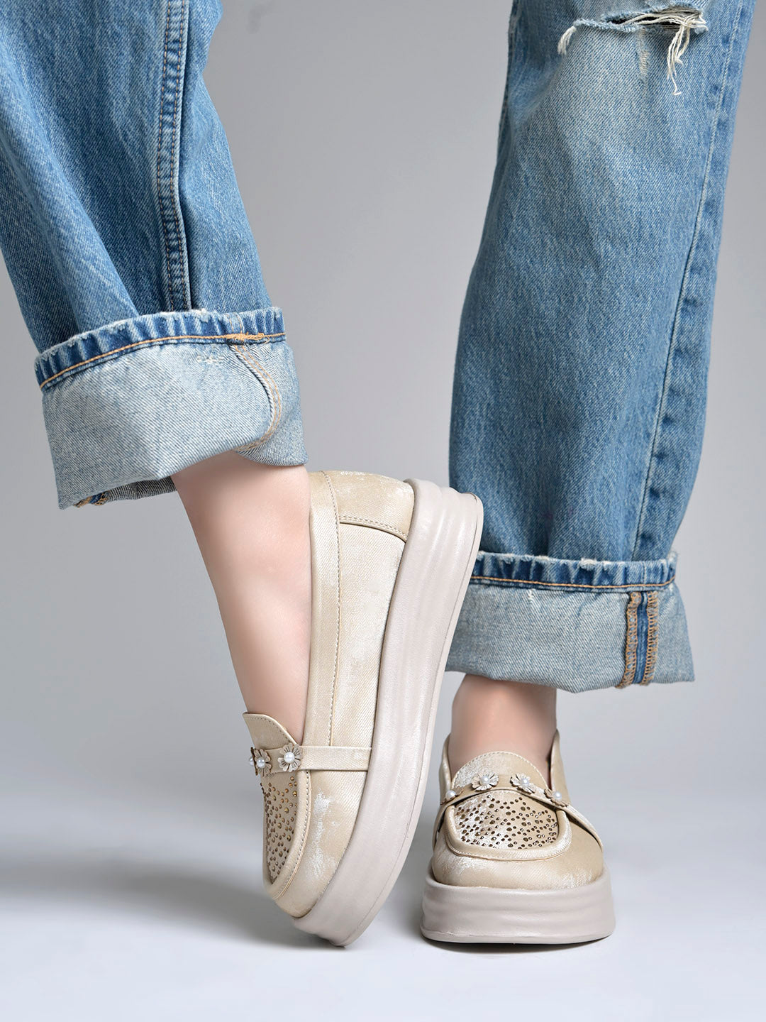 Beige Glitter Platform Loafers with Floral Embellishment For Women & Girls