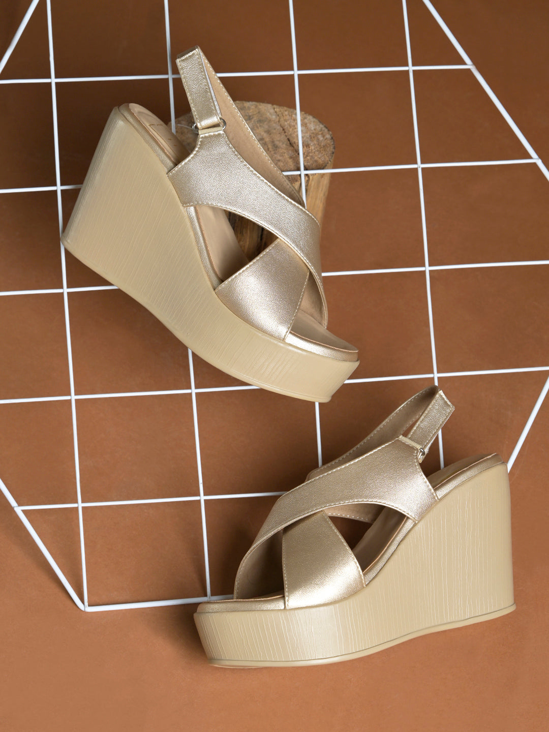Elegant Metallic Champagne Gold Platform Wedge Sandals – High-Heel Crisscross Comfort Wedges