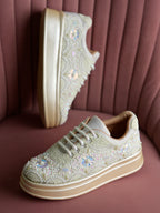 Women’s Wedding Sneakers | Cream Bridal Shoes with Pearls & Lace | Comfortable Flat Sneakers for Brides