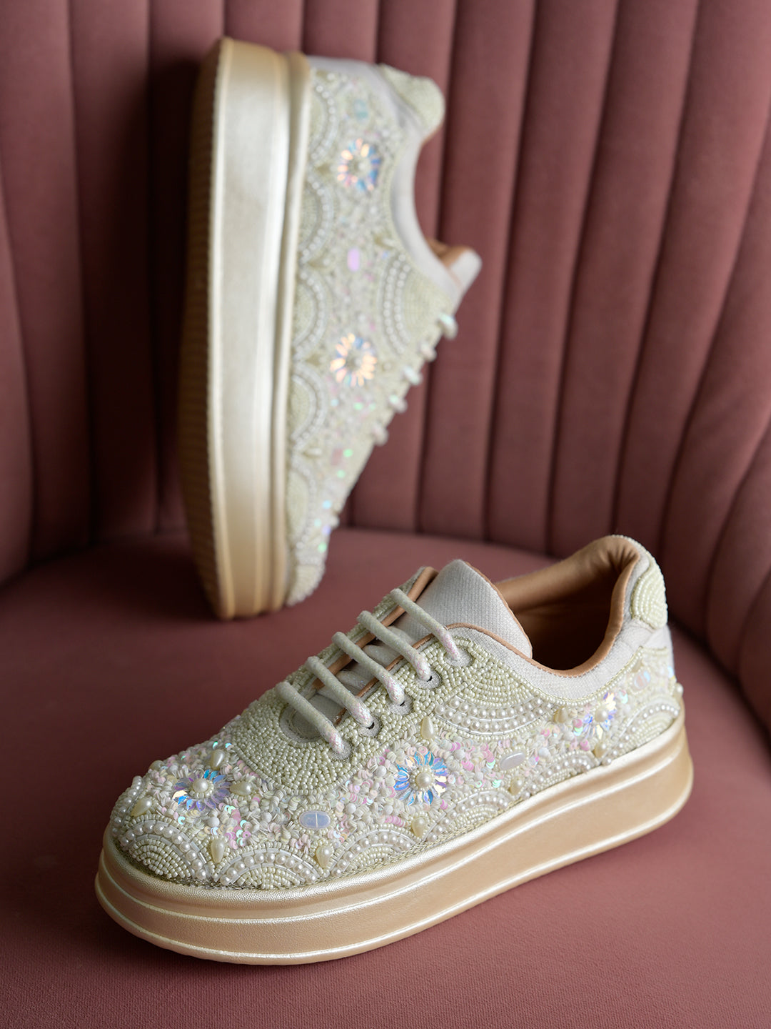 Women’s Wedding Sneakers | Cream Bridal Shoes with Pearls & Lace | Comfortable Flat Sneakers for Brides