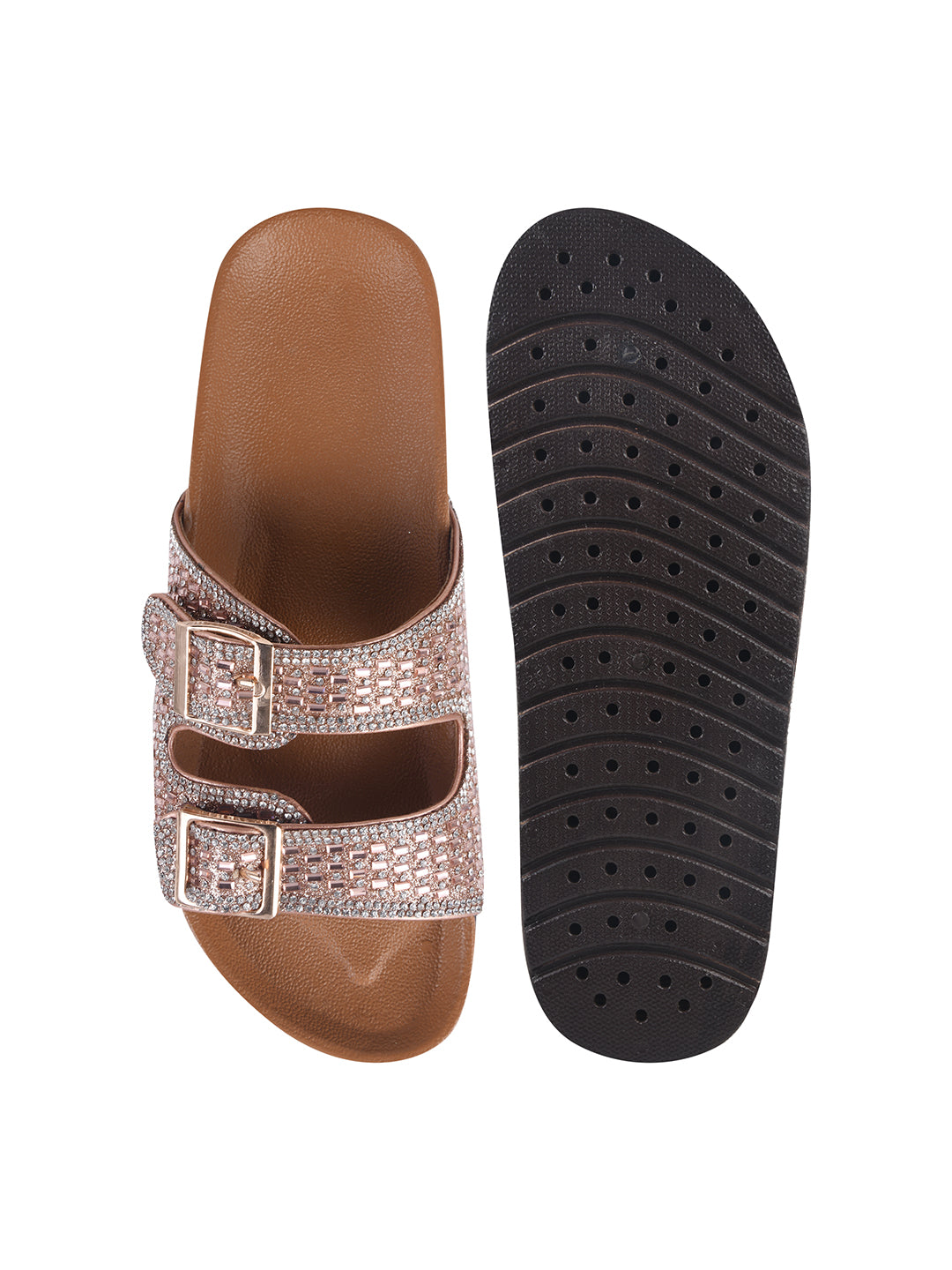 Women’s Embellished Two-Strap Buckle Sandals with Chunky Comfort Sole