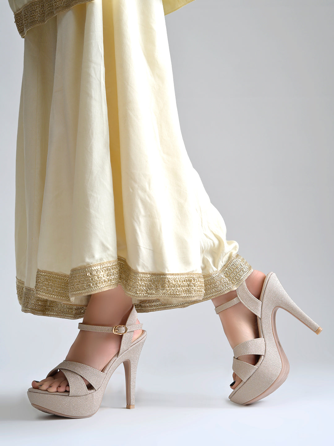 Women's Golden Glitter Platform Sandals with Criss-Cross Straps and High Stiletto Heel