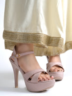 Women's Rose Gold Glitter Platform Sandals with Criss-Cross Straps and High Stiletto Heel