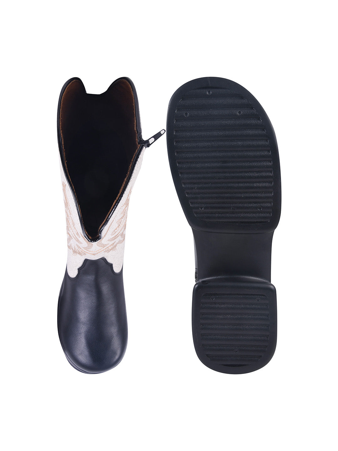 Rodeo Black & White Embroidered Platform Cowboy Boots For Women & Girls