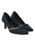 Sophisticated Matte Black Pointed-Toe Heels – Elegant Kitten Heels with Rhinestone Detail