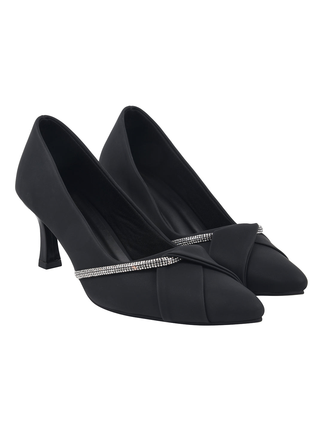 Sophisticated Matte Black Pointed-Toe Heels – Elegant Kitten Heels with Rhinestone Detail