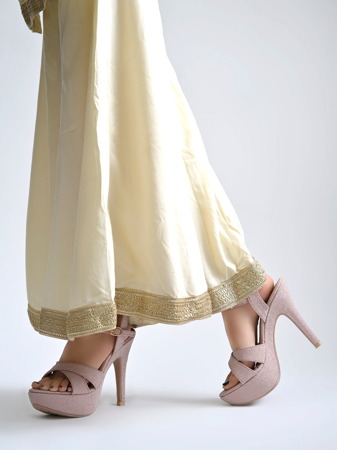 Women's Rose Gold Glitter Platform Sandals with Criss-Cross Straps and High Stiletto Heel