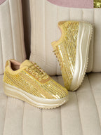 Women’s Wedding Sneakers | Golden Bridal Shoes with Pearls & Lace | Comfortable Flat Sneakers for Brides