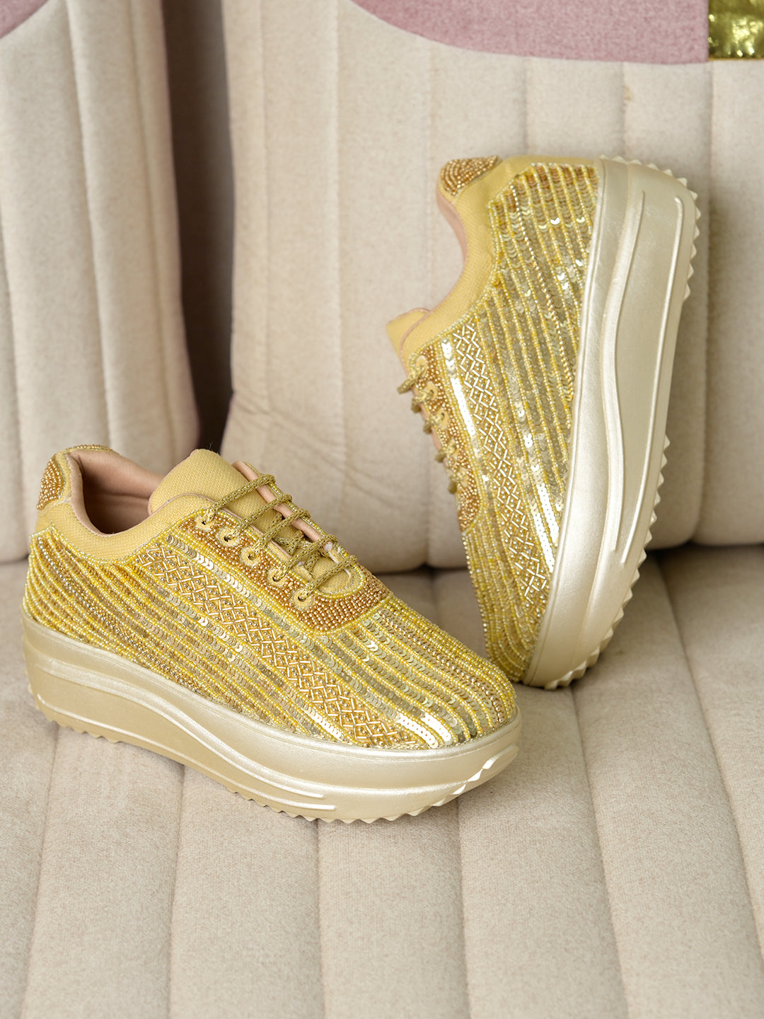 Women’s Wedding Sneakers | Golden Bridal Shoes with Pearls & Lace | Comfortable Flat Sneakers for Brides