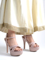 Women's Rose Gold Glitter Platform Sandals with Criss-Cross Straps and High Stiletto Heel