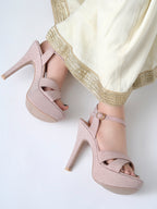 Women's Rose Gold Glitter Platform Sandals with Criss-Cross Straps and High Stiletto Heel