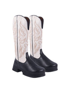 Rodeo Black & White Embroidered Platform Cowboy Boots For Women & Girls