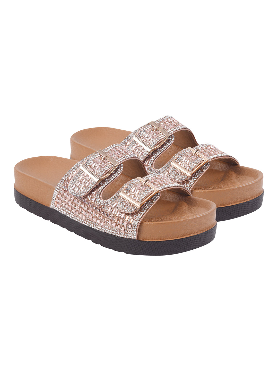 Women’s Embellished Two-Strap Buckle Sandals with Chunky Comfort Sole