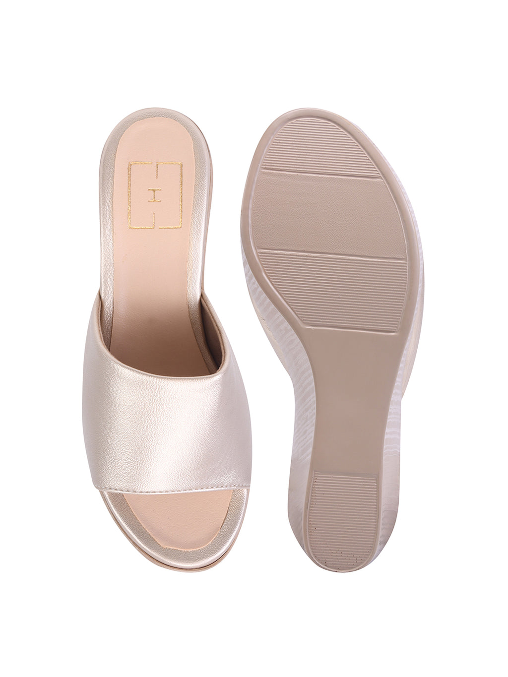 Women's Elegant Golden Wedge Sandals – Glamorous Metallic Platform Slides