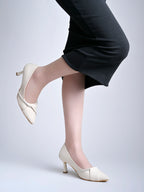 Sophisticated Matte Cream Pointed-Toe Heels – Elegant Kitten Heels with Rhinestone Detail