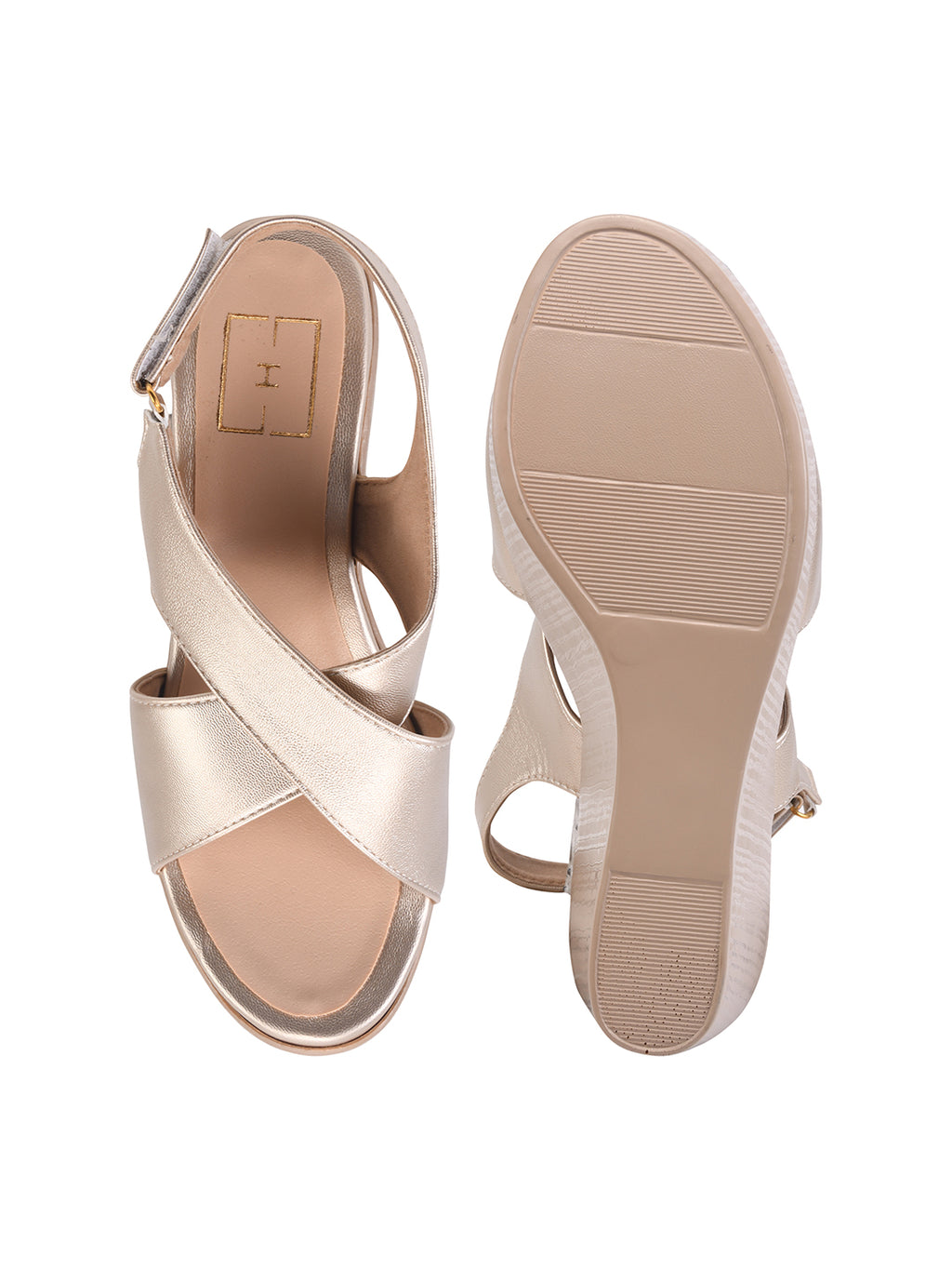 Elegant Metallic Champagne Gold Platform Wedge Sandals – High-Heel Crisscross Comfort Wedges