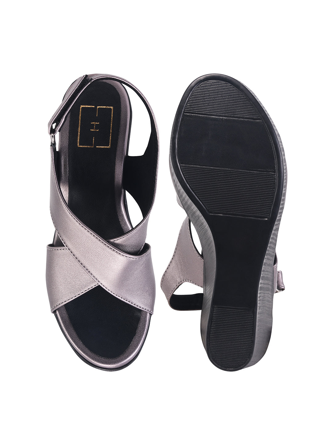 Elegant Metallic Champagne Grey Platform Wedge Sandals – High-Heel Crisscross Comfort Wedges