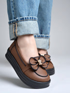 Women’s Slip-On Platform Loafers with Decorative Bow and Crystal Accent