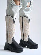 Rodeo Black & White Embroidered Platform Cowboy Boots For Women & Girls