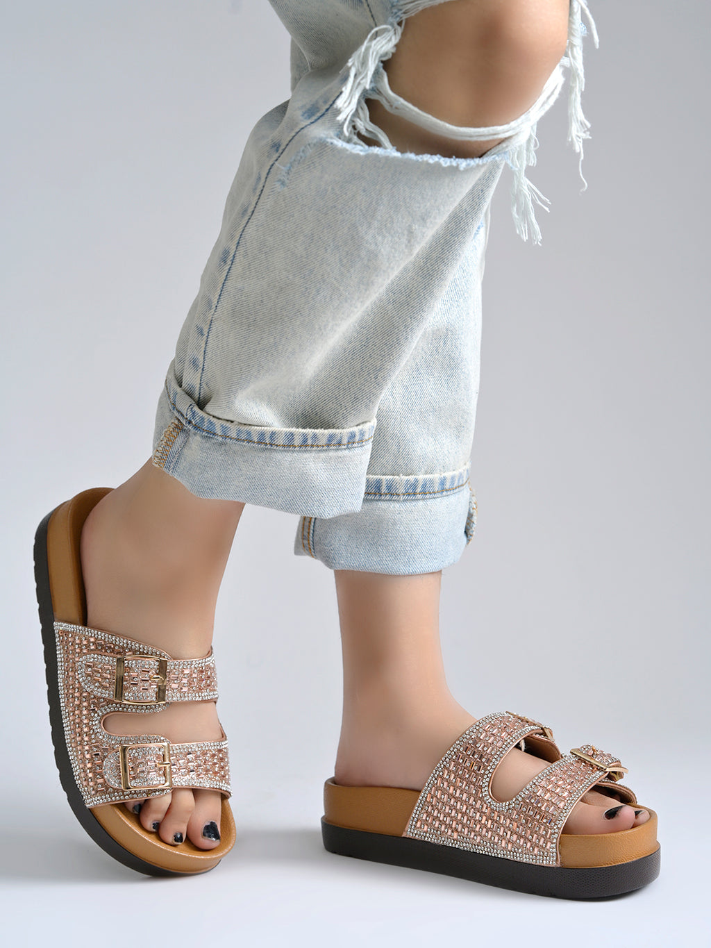Women’s Embellished Two-Strap Buckle Sandals with Chunky Comfort Sole