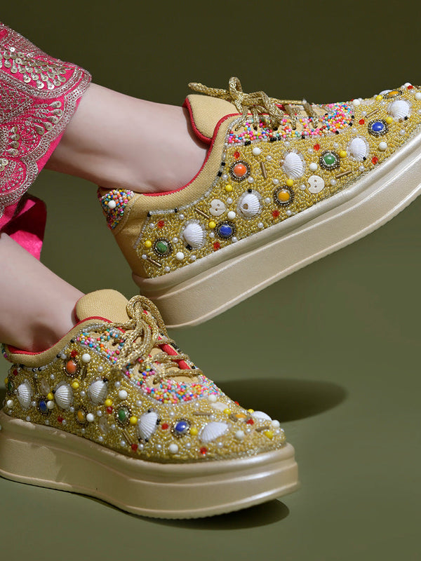 Women’s Wedding Sneakers | Golden Bridal Shoes with Pearls & Lace | Comfortable Flat Sneakers for Brides
