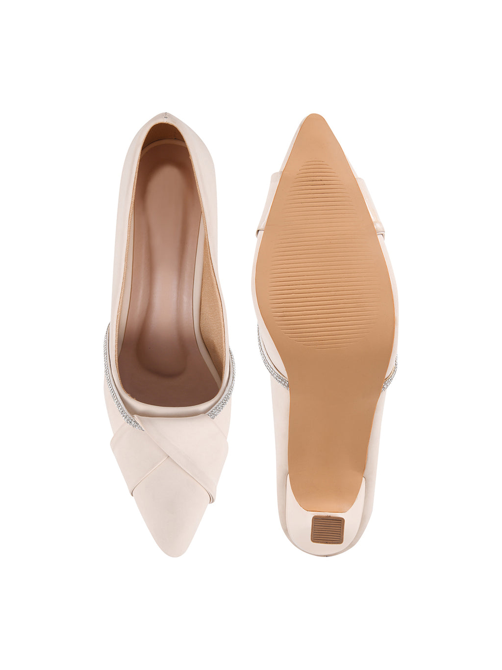 Sophisticated Matte Cream Pointed-Toe Heels – Elegant Kitten Heels with Rhinestone Detail