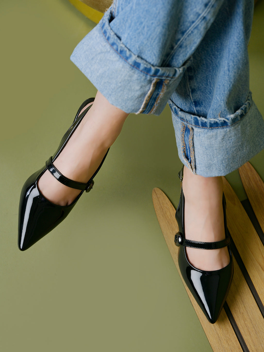 Women's Black Patent Pointed-Toe Slingback Heels with Mary Jane Strap and Gold Buckle Detail