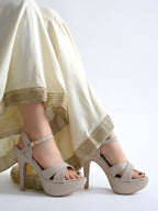 Women's Golden Glitter Platform Sandals with Criss-Cross Straps and High Stiletto Heel