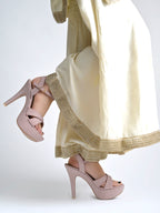 Women's Rose Gold Glitter Platform Sandals with Criss-Cross Straps and High Stiletto Heel