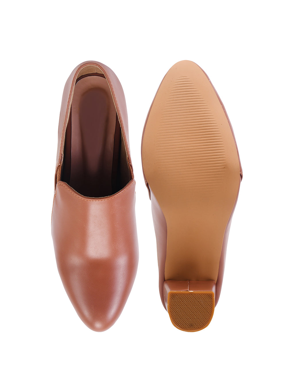 Women's Sleek Tan Block Heel Pumps – Elegant Pointed-Toe Slip-Ons with Elastic Comfort Side Panels