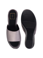 Women's Elegant Grey Wedge Sandals – Glamorous Metallic Platform Slides