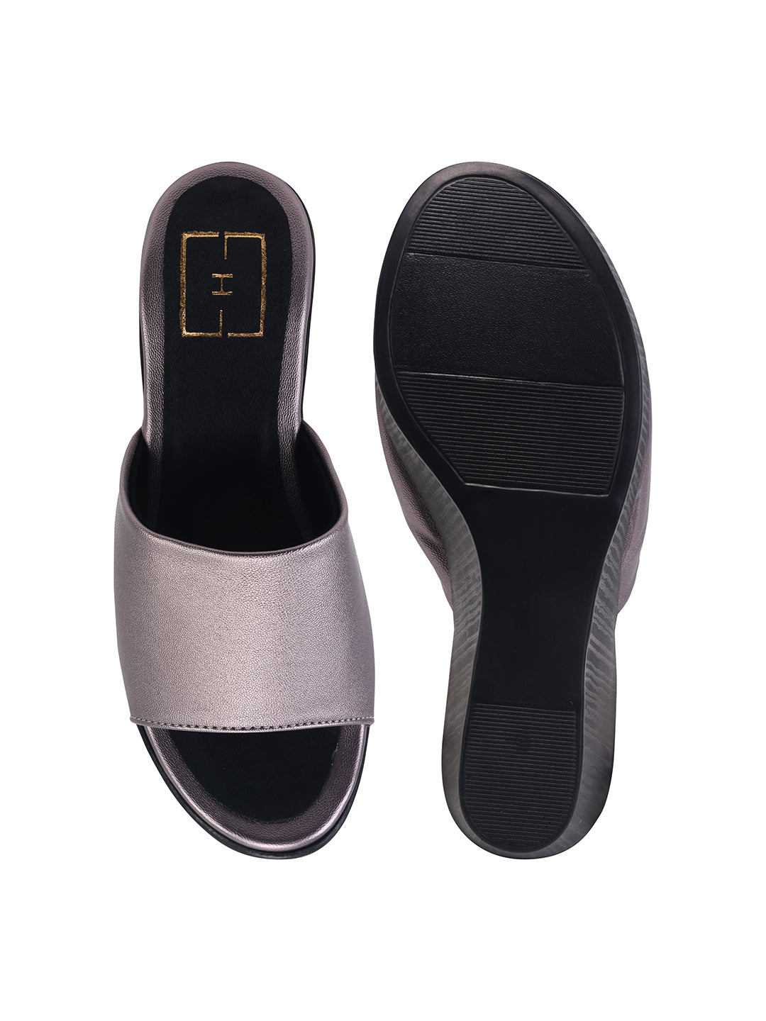 Women's Elegant Grey Wedge Sandals – Glamorous Metallic Platform Slides