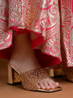 Shimmering Rose-Gold Embellished Block Heel Mules – Festive Square-Toe Sandals