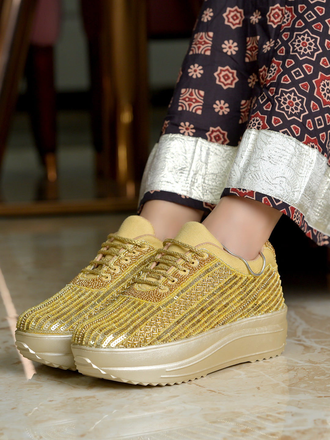 Women’s Wedding Sneakers | Golden Bridal Shoes with Pearls & Lace | Comfortable Flat Sneakers for Brides