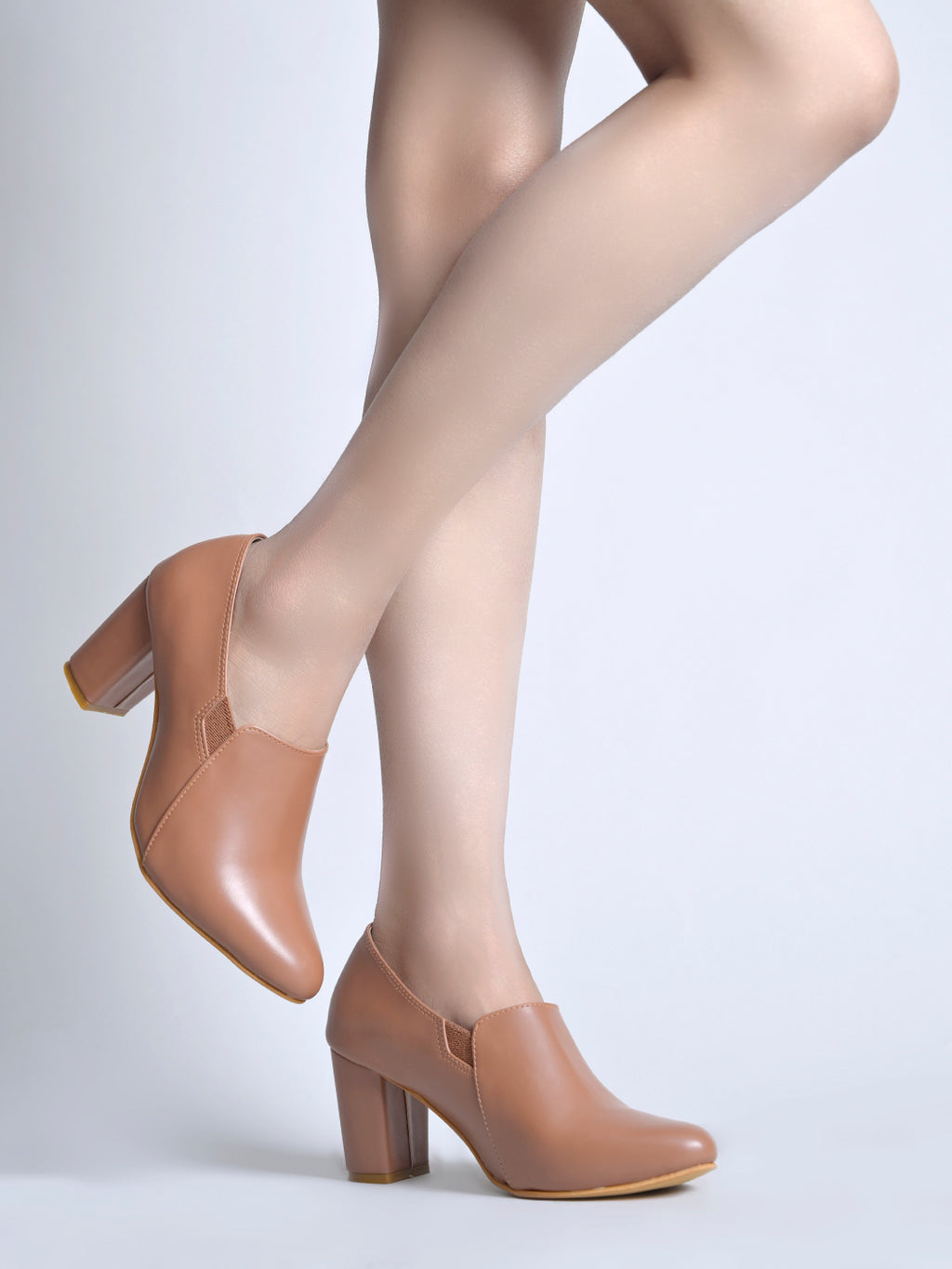 Women's Sleek Tan Block Heel Pumps – Elegant Pointed-Toe Slip-Ons with Elastic Comfort Side Panels
