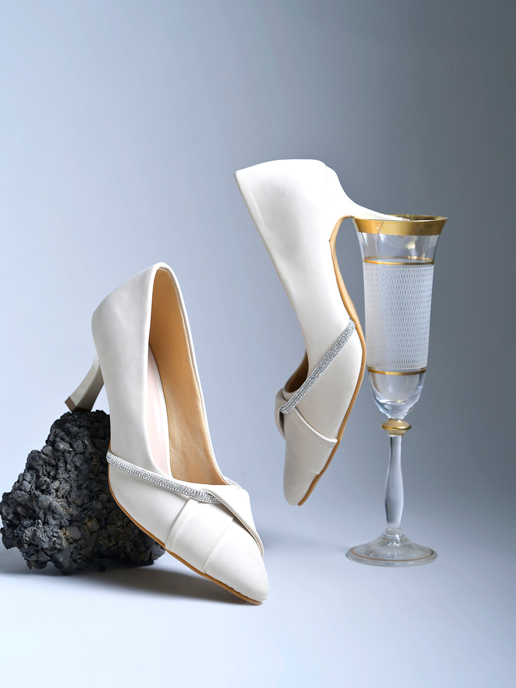 Sophisticated Matte Cream Pointed-Toe Heels – Elegant Kitten Heels with Rhinestone Detail