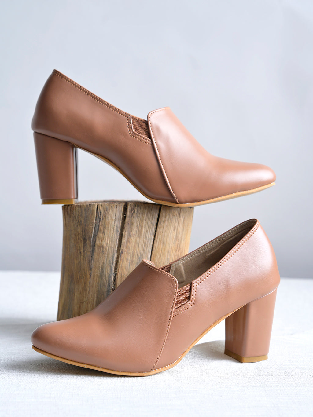 Women's Sleek Tan Block Heel Pumps – Elegant Pointed-Toe Slip-Ons with Elastic Comfort Side Panels