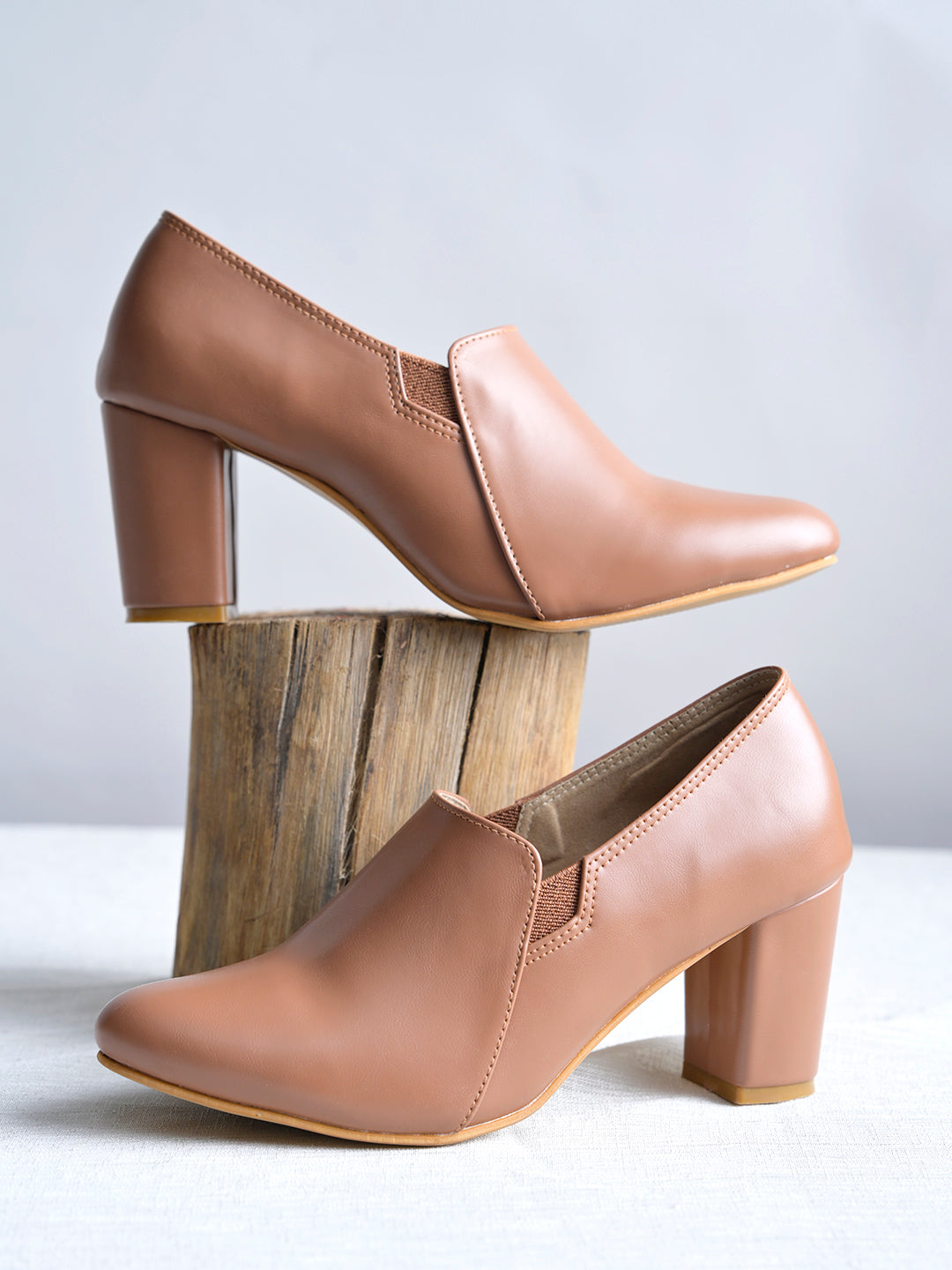 Women's Sleek Tan Block Heel Pumps – Elegant Pointed-Toe Slip-Ons with Elastic Comfort Side Panels