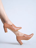 Women's Sleek Tan Block Heel Pumps – Elegant Pointed-Toe Slip-Ons with Elastic Comfort Side Panels