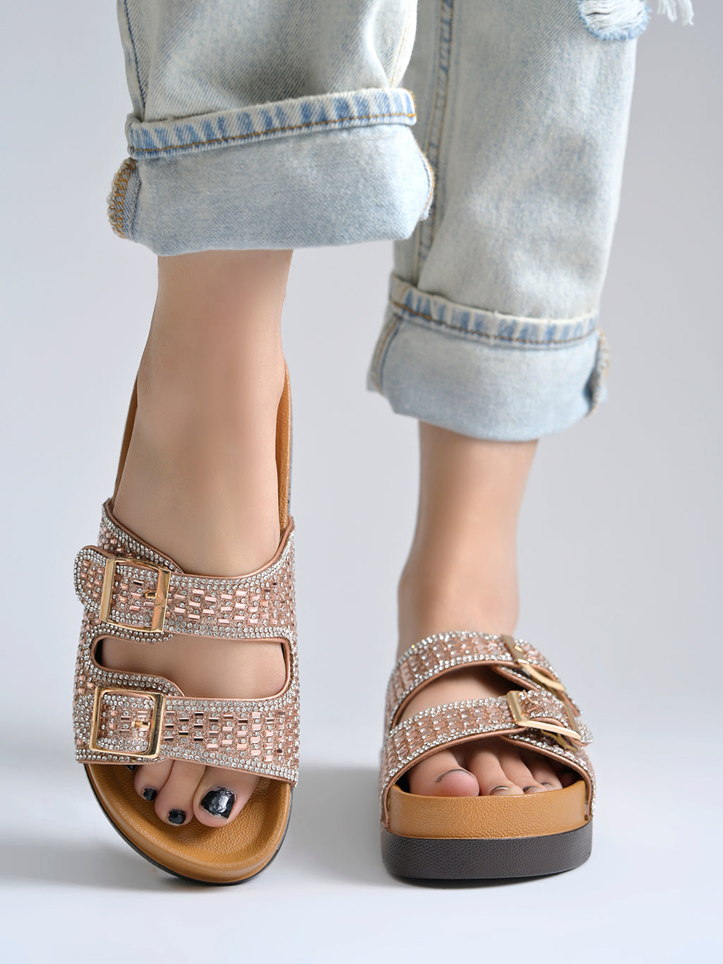 Women’s Embellished Two-Strap Buckle Sandals with Chunky Comfort Sole