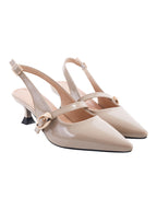 Women's Beige Patent Pointed-Toe Slingback Heels with Mary Jane Strap and Gold Buckle Detail
