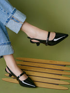 Women's Black Patent Pointed-Toe Slingback Heels with Mary Jane Strap and Gold Buckle Detail