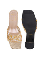 Shimmering Golden Embellished Block Heel Mules – Festive Square-Toe Sandals