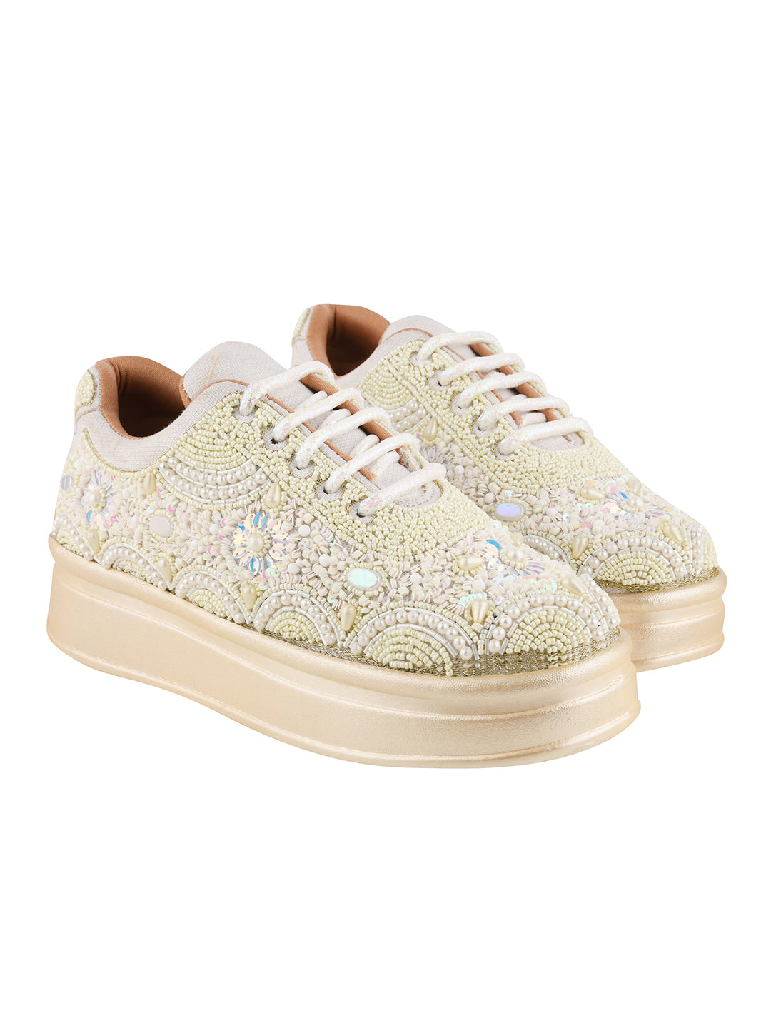 Women’s Wedding Sneakers | Cream Bridal Shoes with Pearls & Lace | Comfortable Flat Sneakers for Brides