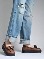 Women’s Slip-On Platform Loafers with Decorative Bow and Crystal Accent