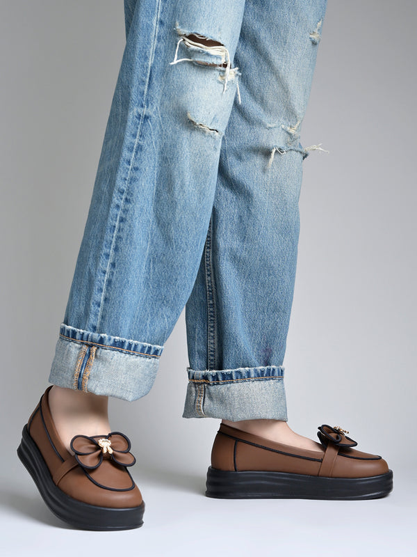 Women’s Slip-On Platform Loafers with Decorative Bow and Crystal Accent