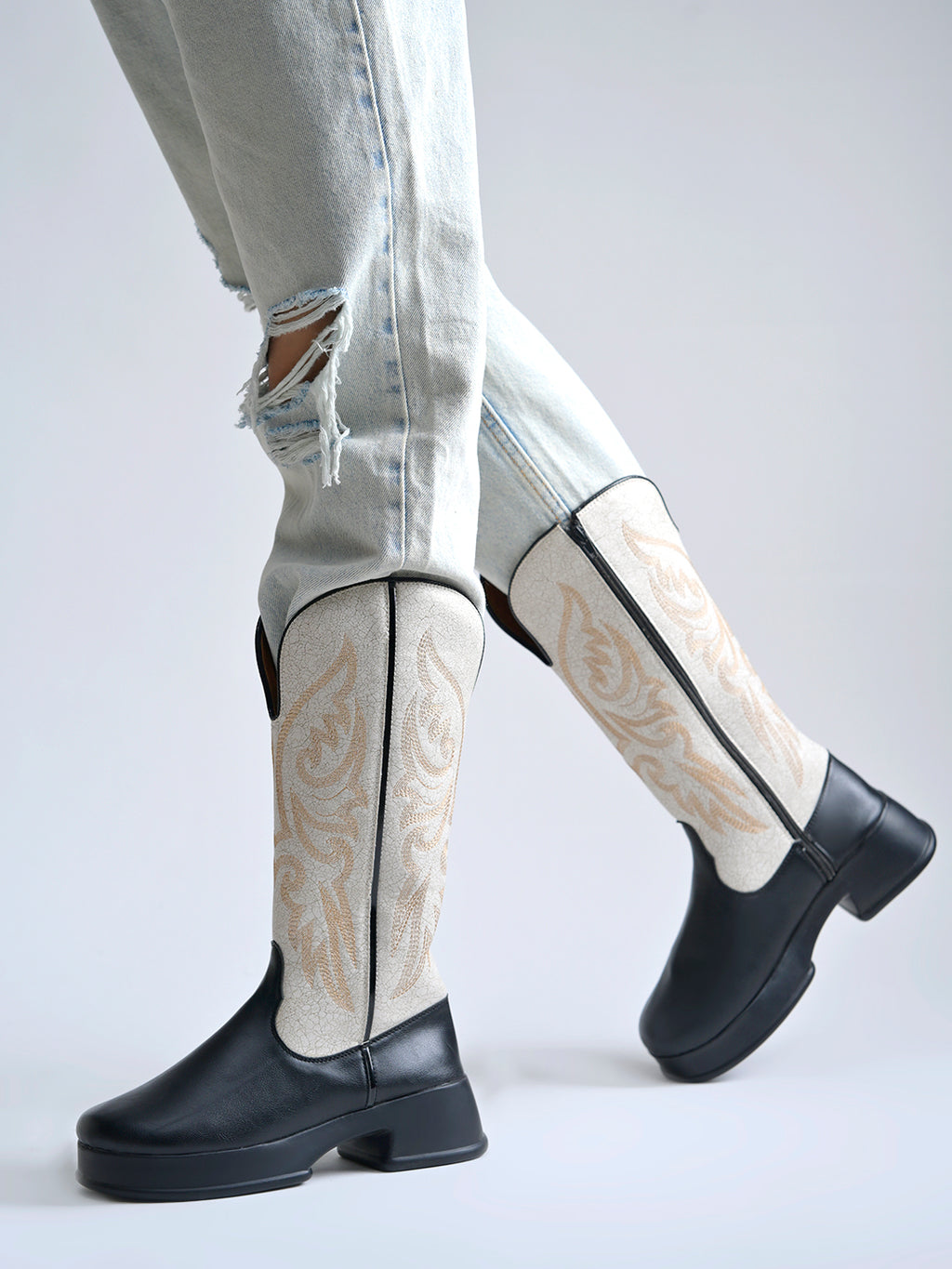 Rodeo Black & White Embroidered Platform Cowboy Boots For Women & Girls