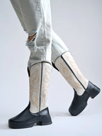 Rodeo Black & White Embroidered Platform Cowboy Boots For Women & Girls